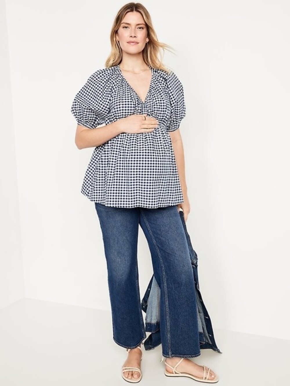 Old Navy Maternity Peplum Top Gingham Shirt Puff Sleeve Wmn's Size M 100% Cotton